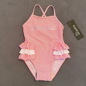 Bebe baby pink seersucker ruffle bathing suit swim